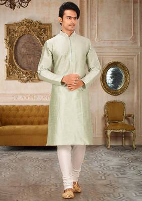 Sea green dupion art silk mens kurta churidar set 1