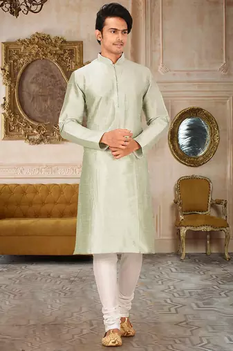 Sea green dupion art silk mens kurta churidar set