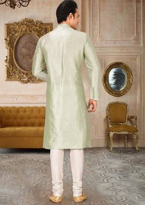 Sea green dupion art silk mens kurta churidar set 3