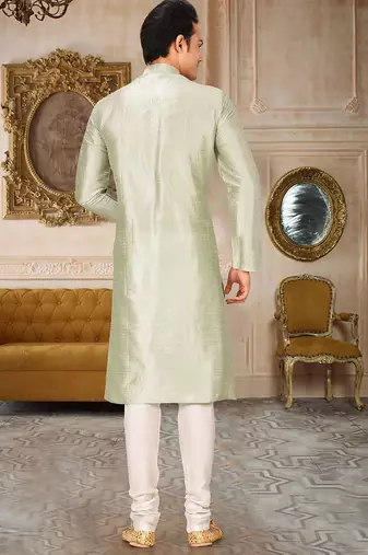 Sea green dupion art silk mens kurta churidar set