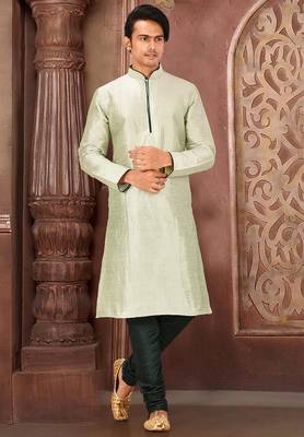 Sea green dupion art silk mens kurta churidar set 1