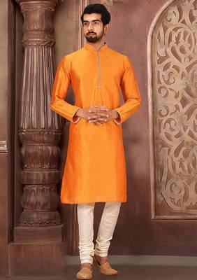 Orange dupion art silk mens kurta churidar set 1