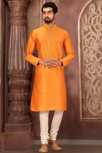 Orange dupion art silk mens kurta churidar set