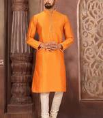 Orange dupion art silk mens kurta churidar set