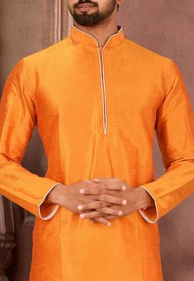 Orange dupion art silk mens kurta churidar set 2