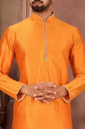 Orange dupion art silk mens kurta churidar set