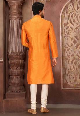 Orange dupion art silk mens kurta churidar set 3