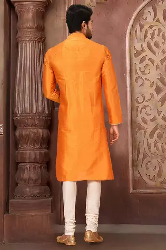 Orange dupion art silk mens kurta churidar set
