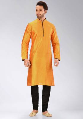 Orange dupion art silk mens kurta churidar set 1