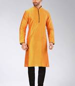 Orange dupion art silk mens kurta churidar set