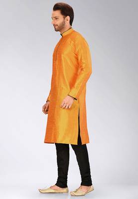 Orange dupion art silk mens kurta churidar set 2