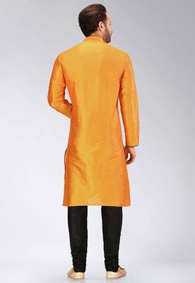 Orange dupion art silk mens kurta churidar set 3
