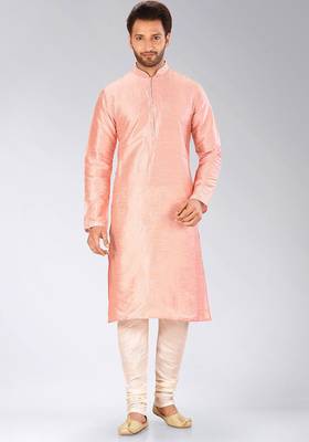 Pink dupion art silk mens kurta churidar set 1
