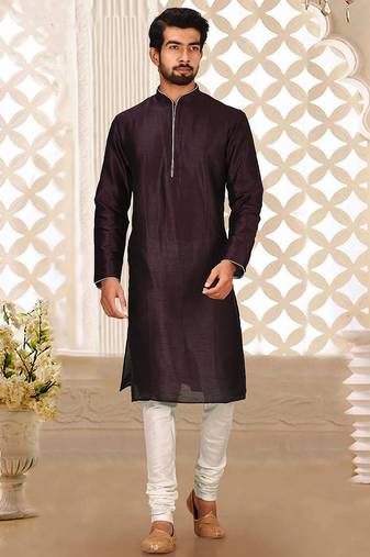 Wine dupion art silk mens kurta churidar set