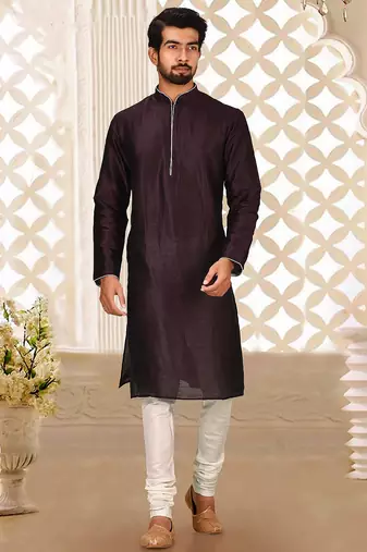 Wine dupion art silk mens kurta churidar set
