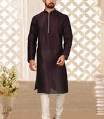 Wine dupion art silk mens kurta churidar set