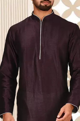 Wine dupion art silk mens kurta churidar set