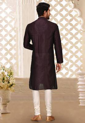 Wine dupion art silk mens kurta churidar set 3