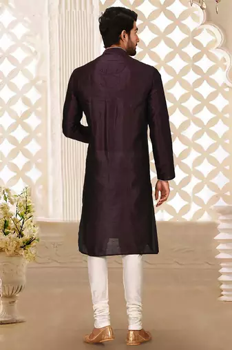 Wine dupion art silk mens kurta churidar set