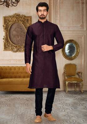 Wine dupion art silk mens kurta churidar set 1