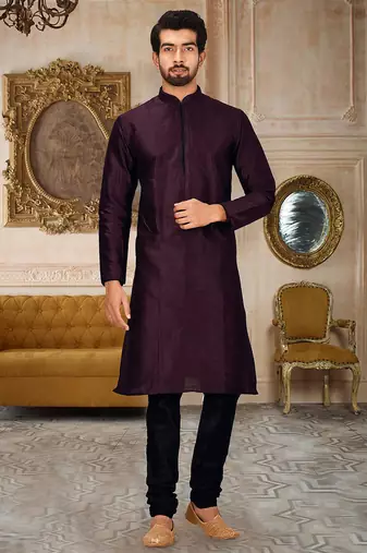 Wine dupion art silk mens kurta churidar set