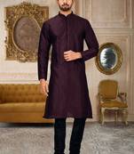Wine dupion art silk mens kurta churidar set