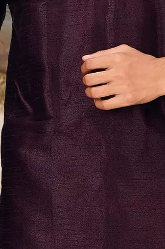 Wine dupion art silk mens kurta churidar set
