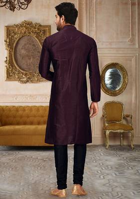 Wine dupion art silk mens kurta churidar set 3
