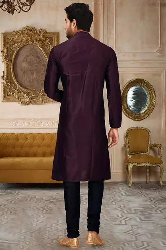 Wine dupion art silk mens kurta churidar set
