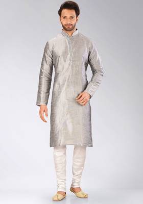 Grey dupion art silk mens kurta churidar set 1