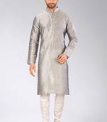 Grey dupion art silk mens kurta churidar set