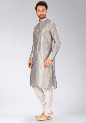Grey dupion art silk mens kurta churidar set 2