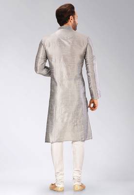 Grey dupion art silk mens kurta churidar set 3
