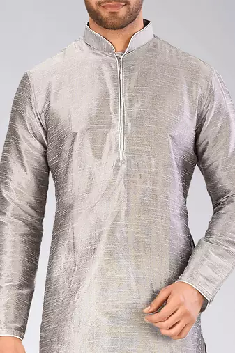 Grey dupion art silk mens kurta churidar set