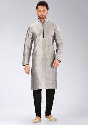 Grey dupion art silk mens kurta churidar set 1
