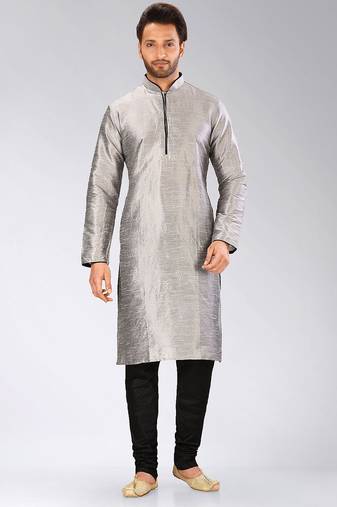 Grey dupion art silk mens kurta churidar set