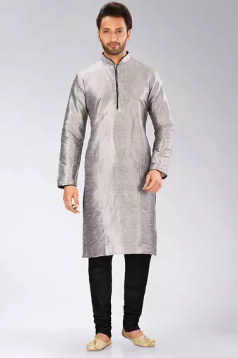 Grey dupion art silk mens kurta churidar set