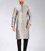 Grey dupion art silk mens kurta churidar set