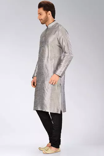 Grey dupion art silk mens kurta churidar set