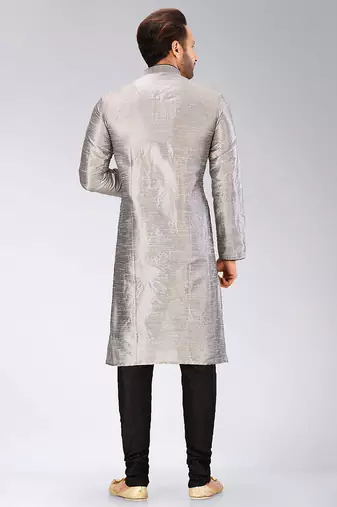 Grey dupion art silk mens kurta churidar set