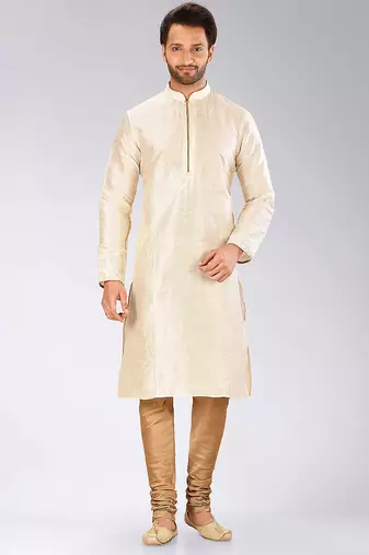 Deep cream dupion art silk mens kurta churidar set