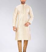 Deep cream dupion art silk mens kurta churidar set