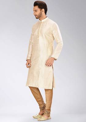 Deep cream dupion art silk mens kurta churidar set 2