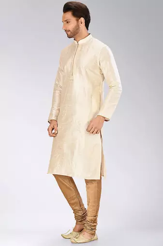 Deep cream dupion art silk mens kurta churidar set