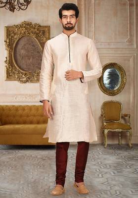 Cream dupion art silk mens kurta churidar set 1