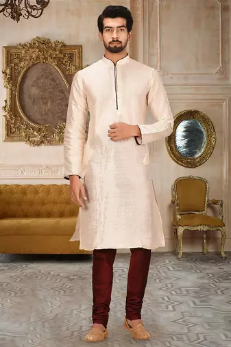 Cream dupion art silk mens kurta churidar set