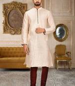 Cream dupion art silk mens kurta churidar set