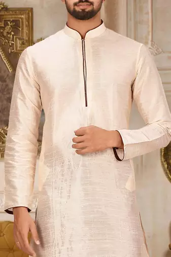 Cream dupion art silk mens kurta churidar set