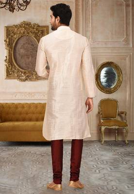 Cream dupion art silk mens kurta churidar set 3