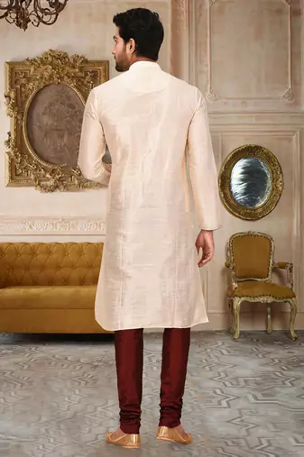 Cream dupion art silk mens kurta churidar set
